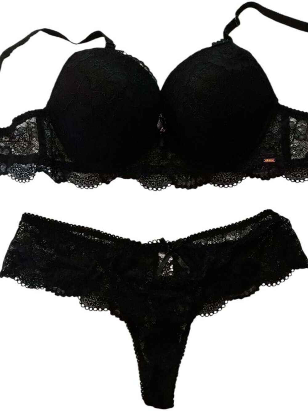 Womens Solid Lace Push up Bra Set Black 38C Underwire Padded Bra With Lace Thong